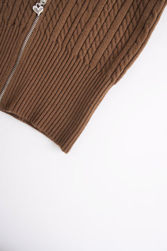 Fur Trim Mocha Cable Knit Zip Up Cardigan (Brown)