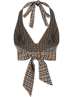 Girly Plaid Halter Crop Top - Khaki