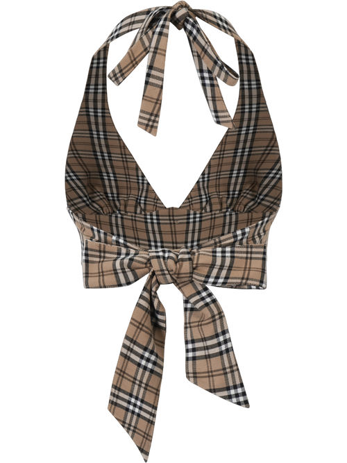 Girly Plaid Halter Crop Top - Khaki