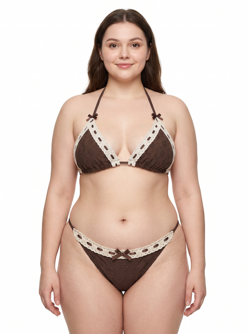 Coquette Cotton Eyelet Bikini Set (Brown)