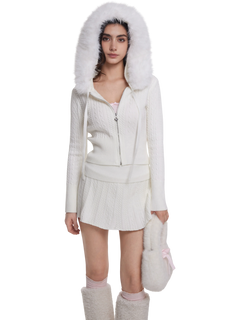 Fur Trim Marshmallow Cable Knit Cardigan (White)