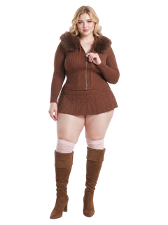 Fur Trim Mocha Cable Knit Set (Brown)