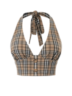 Girly Plaid Halter Crop Top - Khaki
