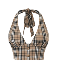 Girly Plaid Halter Crop Top - Khaki