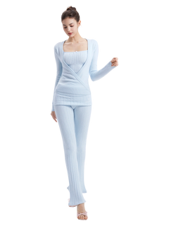 Colette Cable Knit Fold‑Over Pants (Ice Blue)