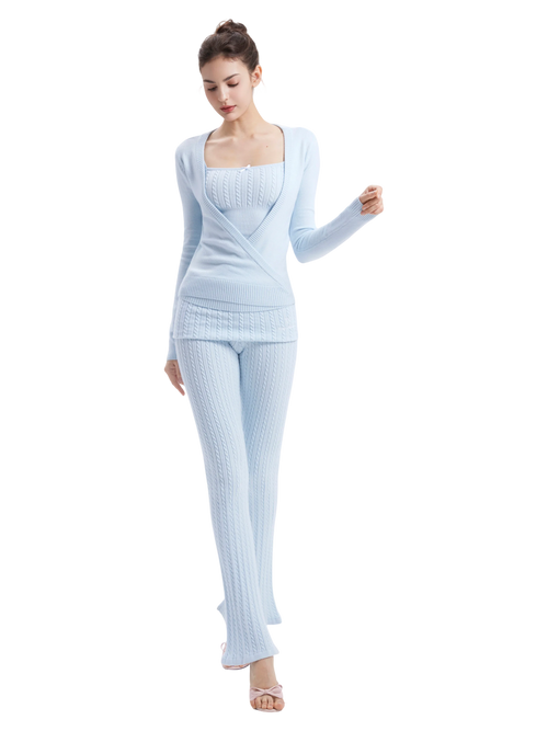 Colette Cable Knit Fold‑Over Pants (Ice Blue)
