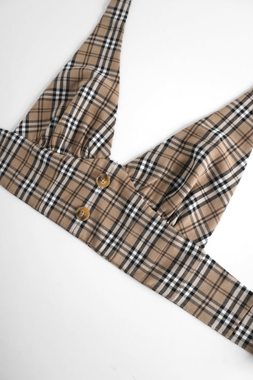 Girly Plaid Halter Crop Top - Khaki