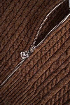 Fur Trim Mocha Cable Knit Zip Up Cardigan (Brown)