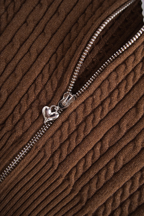 Fur Trim Mocha Cable Knit Zip Up Cardigan (Brown) - Angel Ruche
