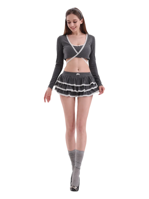 Ballerina Bliss Ruffle Mini Skirt (Grey) - Angel Ruche