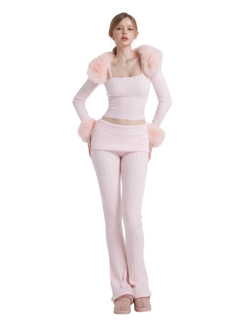 Colette Pink Fur Cable Knit Bolero Cardigan - Angel Ruche