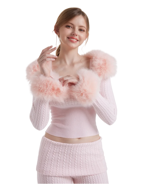 Colette Pink Fur Cable Knit Bolero Cardigan - Angel Ruche