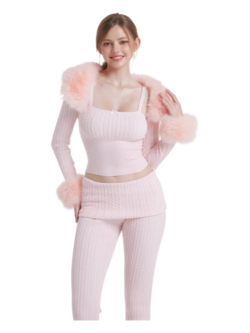 Colette Pink Fur Cable Knit Bolero Cardigan - Angel Ruche