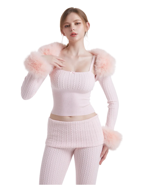 Colette Pink Fur Cable Knit Bolero Cardigan - Angel Ruche