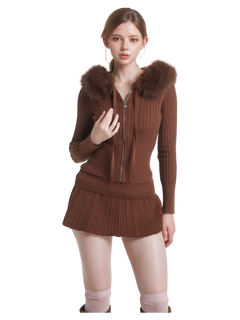 Mocha Cable Knit Fold Over Mid-Rise Skirt (Brown)