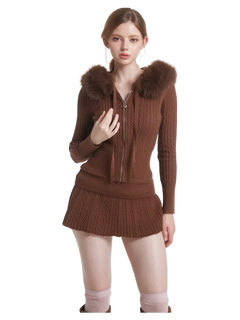 Mocha Cable Knit Fold Over Mid-Rise Skirt (Brown) - Angel Ruche