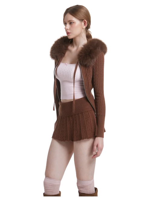 Mocha Cable Knit Fold Over Mid-Rise Skirt (Brown) - Angel Ruche