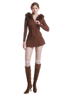 Fur Trim Mocha Cable Knit Set (Brown)