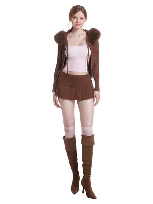 Mocha Cable Knit Fold Over Mid-Rise Skirt (Brown) - Angel Ruche