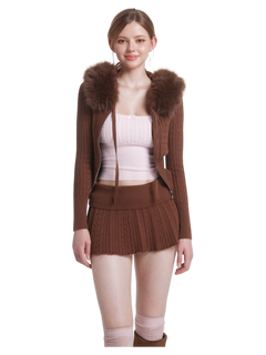 Mocha Cable Knit Fold Over Mid-Rise Skirt (Brown)
