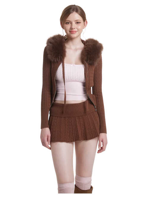 Mocha Cable Knit Fold Over Mid-Rise Skirt (Brown) - Angel Ruche