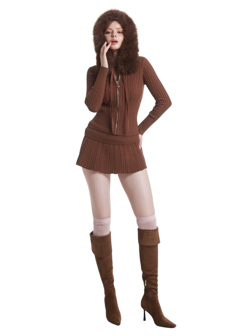 Mocha Cable Knit Fold Over Mid-Rise Skirt (Brown)