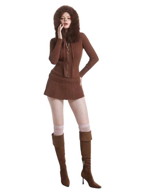 Mocha Cable Knit Fold Over Mid-Rise Skirt (Brown) - Angel Ruche
