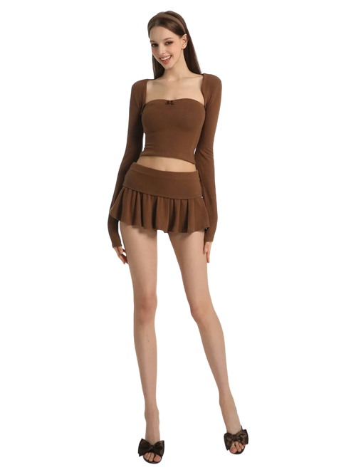 Brown Pilate Princess Fold Over Flare Mini Skirt - Angel Ruche