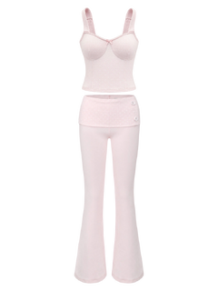 Whimsy Doll Cotton Active Fold over Long Pants (White Polka)