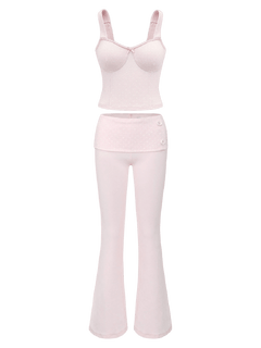 Whimsy Doll Cotton Active Fold over Long Pants (White Polka)