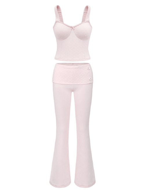Whimsy Doll Cotton Active Fold over Long Pants (White Polka)