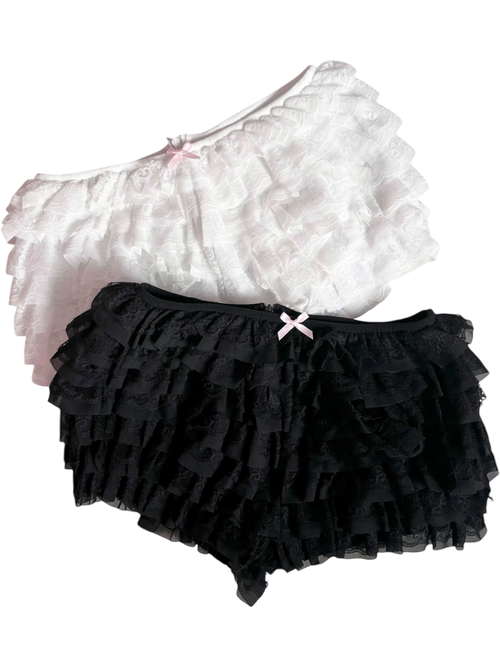 Delicate Chiffon Ruffle Shorts - Black Lace
