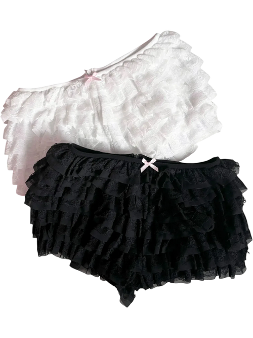 Delicate Chiffon Ruffle Shorts - Black Lace - Angel Ruche