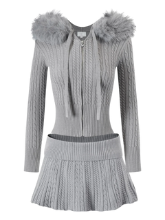 Fur Trim Cozy Cloud Cable Knit Set (Grey) - Angel Ruche