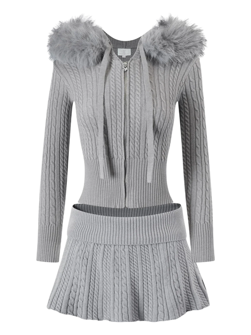Fur Trim Cozy Cloud Cable Knit Set (Grey) - Angel Ruche
