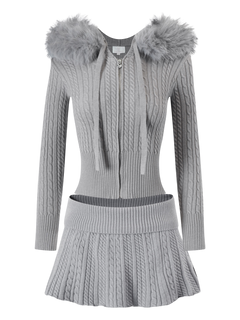Fur Trim Cozy Cloud Cable Knit Set (Grey)