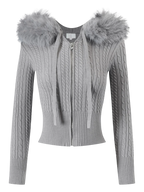 Fur Trim Cozy Cloud Cable Knit Cardigan (Grey) - Angel Ruche