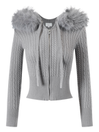 Fur Trim Cozy Cloud Cable Knit Cardigan (Grey)
