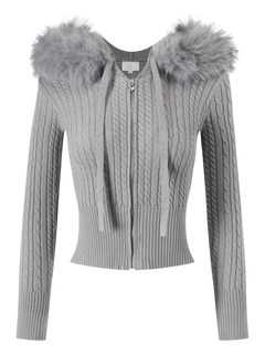 Fur Trim Cozy Cloud Cable Knit Cardigan (Grey)