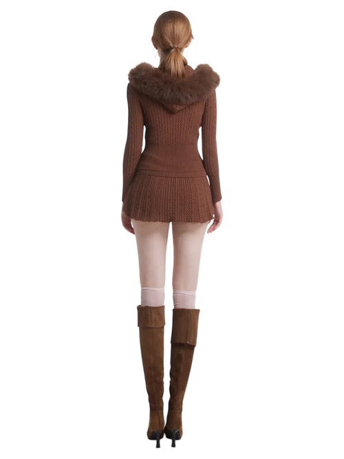 Mocha Cable Knit Fold Over Mid-Rise Skirt (Brown) - Angel Ruche