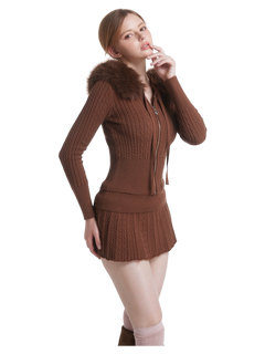 Mocha Cable Knit Fold Over Mid-Rise Skirt (Brown)