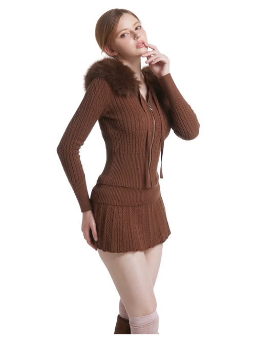 Mocha Cable Knit Fold Over Mid-Rise Skirt (Brown) - Angel Ruche