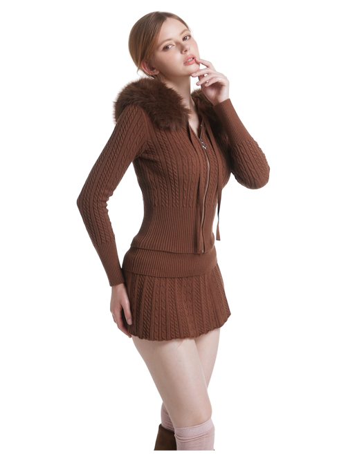 Mocha Cable Knit Fold Over Mid-Rise Skirt (Brown)