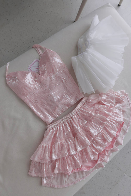 Rosette Fairy Dust Sequin Mini Skirt + Petticoat (Pink)