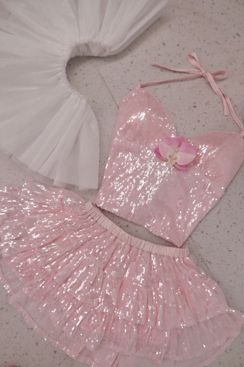 Rosette Fairy Dust Sequin Mini Skirt + Petticoat (Pink)