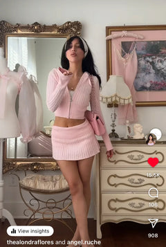 Strawberry Milk Cable Knit Set (Pink) - Angel Ruche