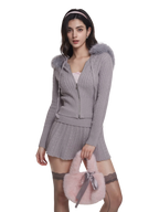 Fur Trim Cozy Cloud Cable Knit Set (Grey)