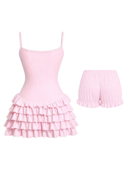 Serafina Ruffles Mini Dress + Bloomer Shorts Set (Pink)