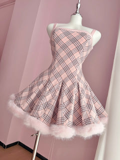 Sugarplum Plaid Hourglass Fur Trim Dress+ Petticoat (Pink)