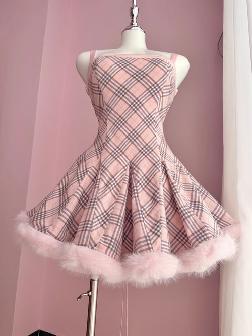 Sugarplum Plaid Hourglass Fur Trim Dress+ Petticoat (Pink)